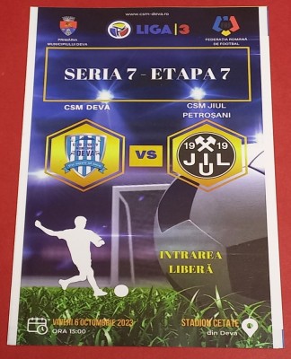 Program meci fotbal CSM DEVA - CSM JIUL PETROSANI (06.10.2023) foto