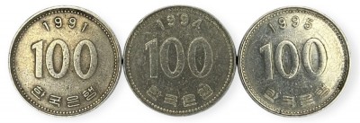 Coreea de Sud , lot 10 - 3 buc x 100 Won 1991 , 1994 , 1995 foto