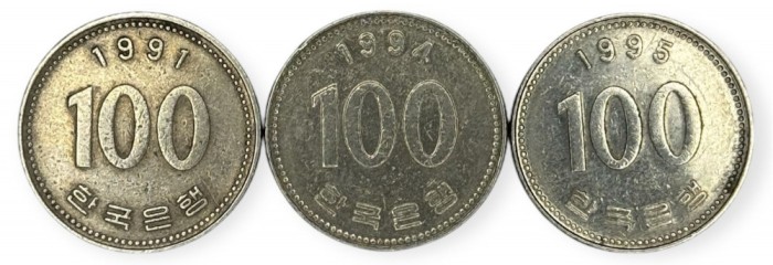 Coreea de Sud , lot 10 - 3 buc x 100 Won 1991 , 1994 , 1995