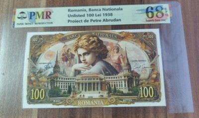 REPRODUCERE pe hartie cu filigran si fire UV proiect bancnota 100 Lei 1938 nr.165 foto