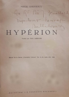 Autograf LAHOVARI: pe traducerea Eminescu, HYPERION, Bucuresti, 1941 foto