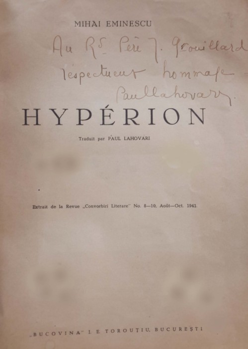Autograf LAHOVARI: pe traducerea Eminescu, HYPERION, Bucuresti, 1941