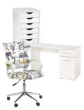 Set mobilier birou copii HM Lima B1, PAL lucios, spatii depozitare, cu scaun HM Ibis Paris, stofa, 100 kg si dulapior rulant HM Simon 2, cu roti, fron