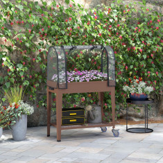 Outsunny Strat de gradina inaltat cu acoperis de sera, Jardiniera mobila inaltata cu roti si raft inferior pentru legume, flori, ierburi, 80 x 40 x 12