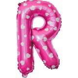 Balon folie metalizata litera r, flippy, 40 cm, cu imprimeu inimioare, umflati cu heliu sau aer, ambalaj individual, pai inclus, roz