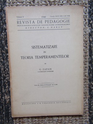 SISTEMATIZARE IN TEORIA TEMPERAMENTELOR de G . ZAPAN , 1940 foto