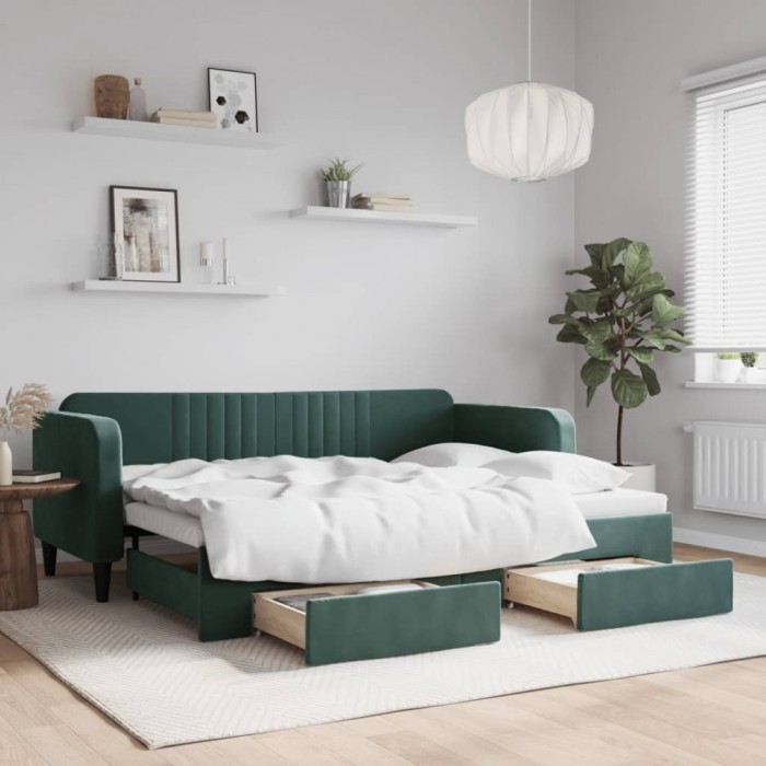 vidaXL Pat de zi cu extensie și sertare verde &icirc;nchis 80x200 cm catifea 3197106
