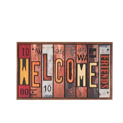 Covoras pentru usa, cu suprafata textila, dungi reliefate, model colorat si mesaj Welcome 75x45cm foto