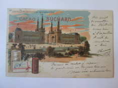 Carte postala circulata Paris-Expozitia Universala 1900,reclama cacao Suchard foto