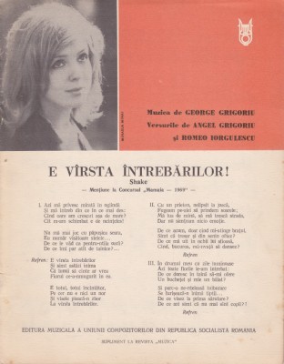AS - PARTITURA - E VIRSTA INTREBARILOR -MUZICA GEORGE GRIGORIU, VERSURI ANGEL GRIGORIU, pt voce si pian foto