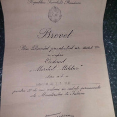 Brevet N. Ceausescu 1974-Meritul militar CL A-II-A-Maior.Decret Prezidential.