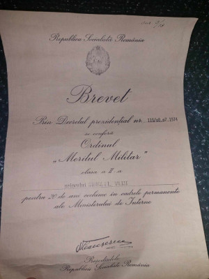 Brevet N. Ceausescu 1974-Meritul militar CL A-II-A-Maior.Decret Prezidential. foto