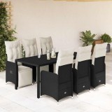 Set bistro de grădină, 7 piese, cu perne, negru, poliratan