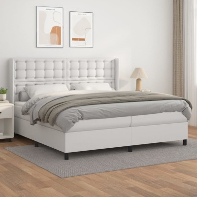 vidaXL Pat box spring cu saltea, alb, 200x200 cm, piele ecologică 3132520 foto