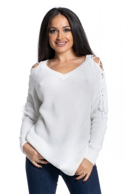 BL965-2 Pulover tricotat cu decolteu in V si decupaje pe umeri, accesorizate cu snur foto