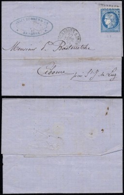 France 1873 Cover + Content Bayonne Ciboure ambulant cancel. Bordeaux DB.361 foto