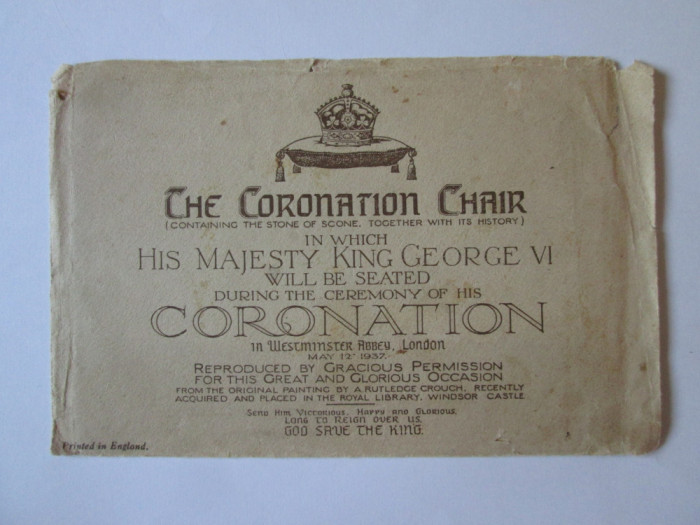 Rara! Carte post.cu autograf,in plicul original,tronul incoronarii lui George VI