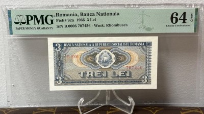 bancnota rara romaneasca - 3 lei 1966 gradata PMG64 EPQ foto