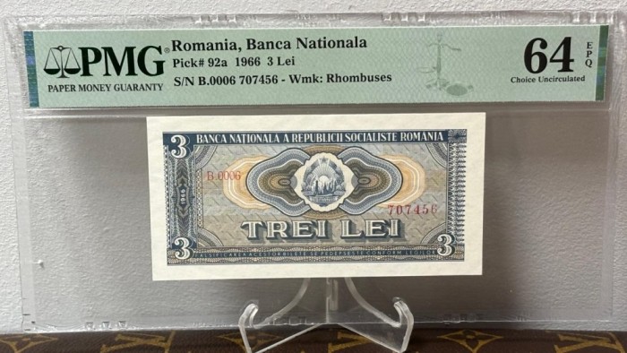 bancnota rara romaneasca - 3 lei 1966 gradata PMG64 EPQ