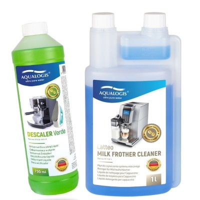 Kit intretinere espressor, Aqualogis, Solutie curatare sistem lapte Latteo 1000 ml, Solutie decalcifiere Verde 750 ml, Compatibilitate multipla foto