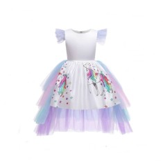 Rochie Unicorn cu trena detasabila, Alb, 3-5 ani, 100-110 cm