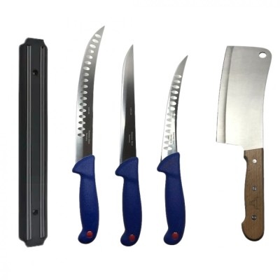 Set profesional de macelarie, filetat, injunghiat, transat, dezosat, 3 cutite, satar, suport magnetic foto