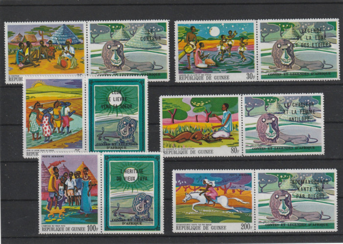 Guinea 1968-Basme,Legende africane,serie 6 val.cu vignete,MNH,Mi.480A-485A