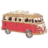 Puzzle 3D, din lemn, Masina Retro, rosu, reconstituie cu fidelitate minibusul de lux, Lungimea de 29 cm, latimea de 11.5 cm, Oem