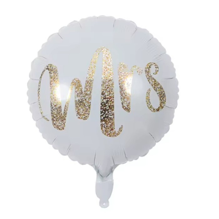 Balon din folie metalizata, flippy, figurina cerc, model mrs, tematica nunta, 45 cm, ambalaj individual, pai inclus, umflare cu aer sau heliu, alb