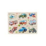 Puzzle incastru educativ din lemn, Vehicule, limba romana, Multicolor, 10 piese