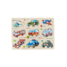 Puzzle incastru educativ din lemn, Vehicule, limba romana, Multicolor, 10 piese