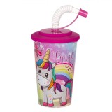 Pahar Plastic Magic Rainbow, Unicorn, Capac Fucsia, Capacitate 400ml, Oem