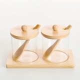 Set 2 recipiente din sticla cu suport din bambus