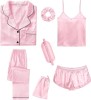 Set pijamale din satin pentru femei SWOMOG, scurte lungi, 7 piese, roz, XXL - OUTLET