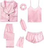 Cumpara ieftin Set pijamale din satin pentru femei SWOMOG, scurte lungi, 7 piese, roz, XXL - OUTLET