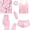 Set pijamale din satin pentru femei SWOMOG, scurte lungi, 7 piese, roz, XXL - OUTLET