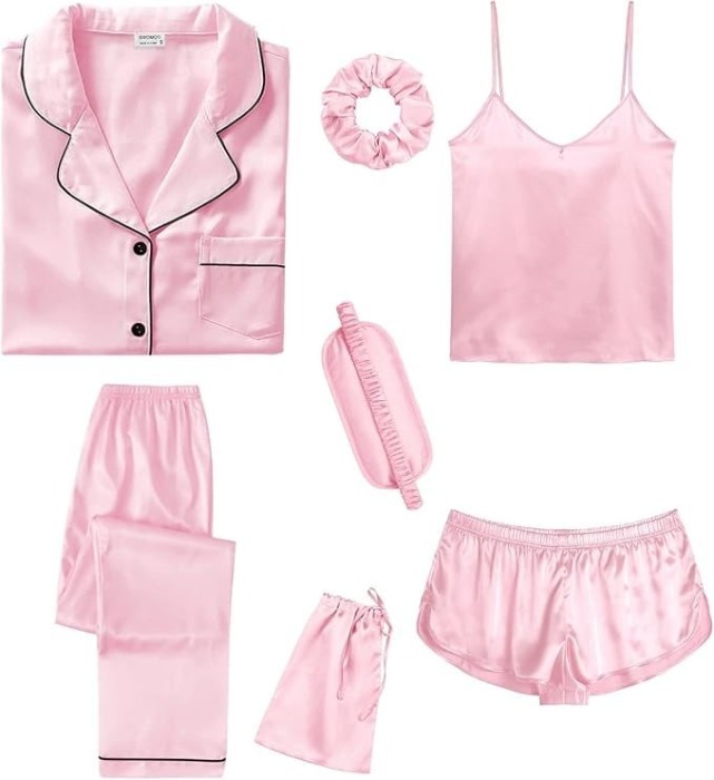 Set pijamale din satin pentru femei SWOMOG, scurte lungi, 7 piese, roz, XXL - OUTLET