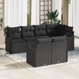 Set canapea gradina 7 piese cu pernite negru poliratan, canapea gradina cu 2 locuri cu spatiu de depozitare &amp; pernite negru poliratan