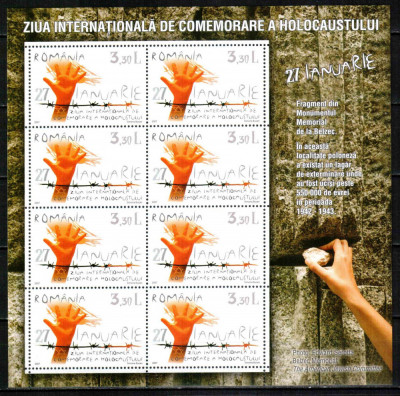 Romania 2007, LP 1754 b, Ziua Holocaustului, minicoala de 8, MNH! LP 39,60 lei foto