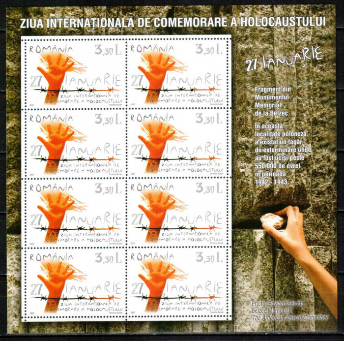 Romania 2007, LP 1754 b, Ziua Holocaustului, minicoala de 8, MNH! LP 39,60 lei