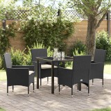 Set de dining pentru grădină, 5 piese cu perne, negru, din ratan poliesteric.