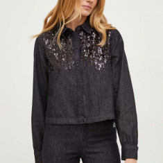 Karl Lagerfeld camasa jeans femei, culoarea negru, cu guler clasic, regular