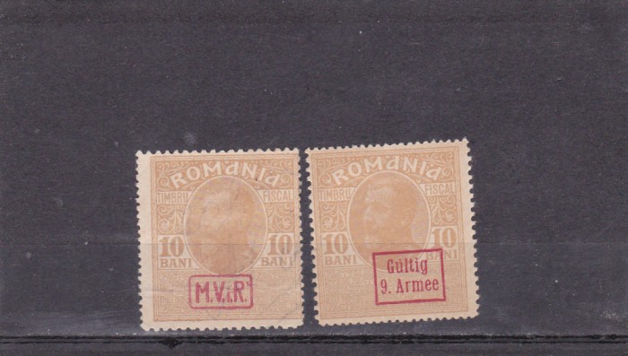 1917 - Ocupatia germana in Romania, Timbru fiscal 10 bani cu supratipar MViR si Gulting 9 Armee monogram rosu, nestampilat