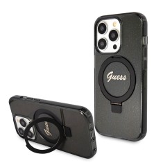 Husa Guess iPhone 15 Pro Ring Stand Script Glitter MagSafe, negru, GUHMP15LHRSGSK foto