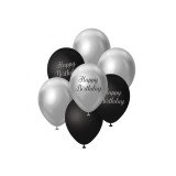 Set 7 baloane latex B&amp;C Happy Birthday, argintiu - negru, 30 cm