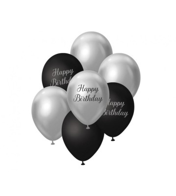 Set 7 baloane latex B&amp;amp;C Happy Birthday, argintiu - negru, 30 cm foto