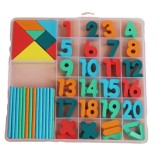 Cumpara ieftin Cutie de invatare pentru copii, cifre, adunare, scadere, betisoare si forme geometrice, din lemn - Multicolor