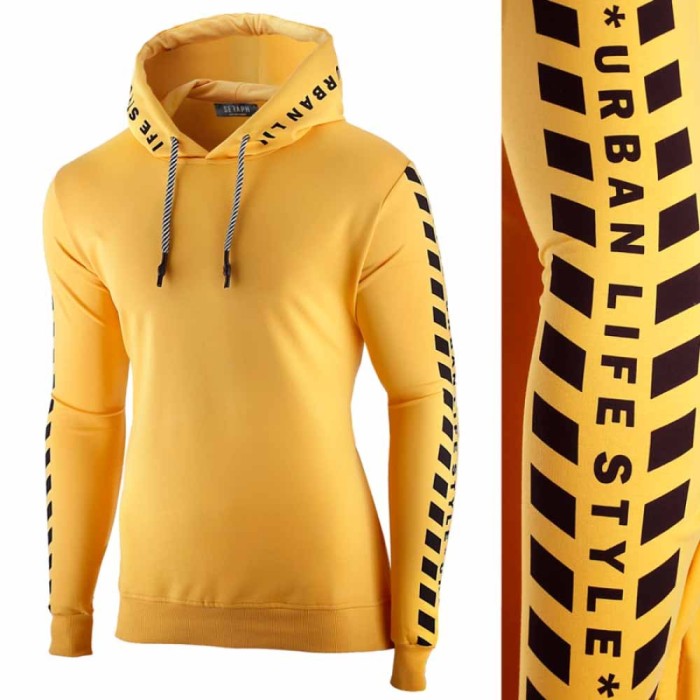 Hanorac pentru barbati galben cu gluga siret sport urban Hanorac pentru barbati galben cu gluga siret sport urban