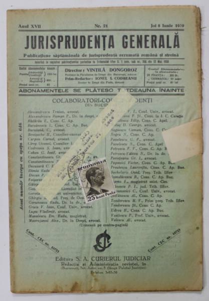 JURISPRUDENTA GENERALA , PUBLICATIUNE SAPTAMANALA DE JURISPRUDENTA REZUMATA ROMANA SI STRAINA , ANUL XVII , NR. 20, IUNIE 1939