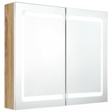 Dulap de baie cu oglinda si LED, alb si stejar, 80x12x68 cm